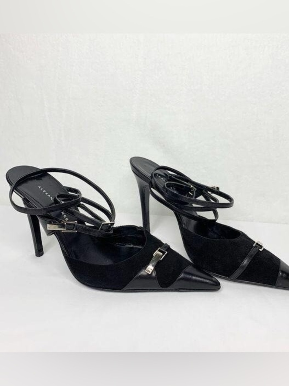 Alexandra Neel Black Suede Leather Pointy Strappy Buckle Strap Slingback Heels
